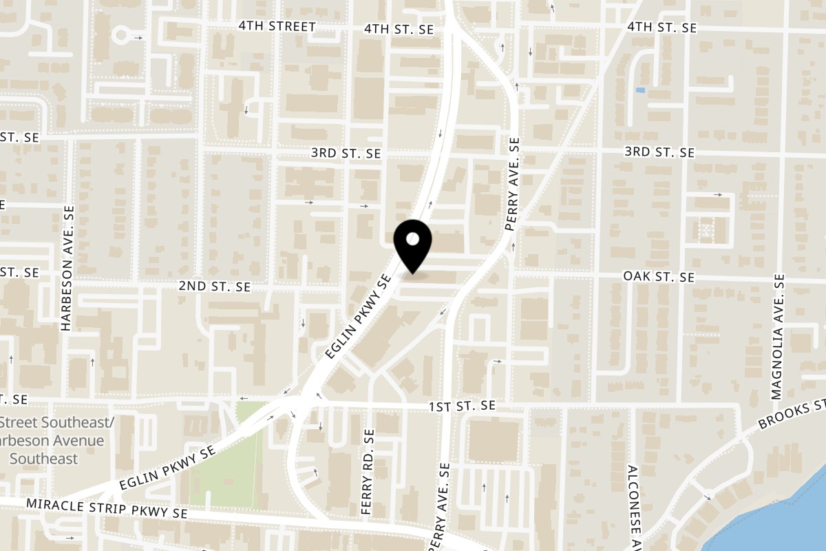 Map showing the location of Bambinos Italian Pizzas on 125 Eglin Parkway Southeast in Fort Walton Beach
